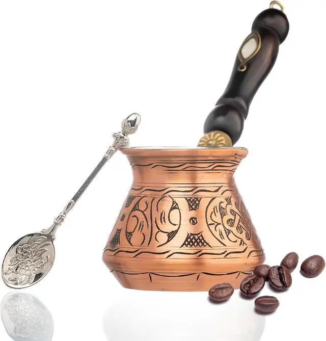 Main image of 12 Oz Copper Turkish Greek Arabic Coffee Pot with Copper Handle - Cezve Ibrik Briki Stovetop Coffee Maker (Includes Copper Spoon) (4 servings)