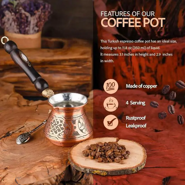 Alt view image 2 of 6 - 12 Oz Copper Turkish Greek Arabic Coffee Pot with Copper Handle - Cezve Ibrik Briki Stovetop Coffee Maker (Includes Copper Spoon) (4 servings)