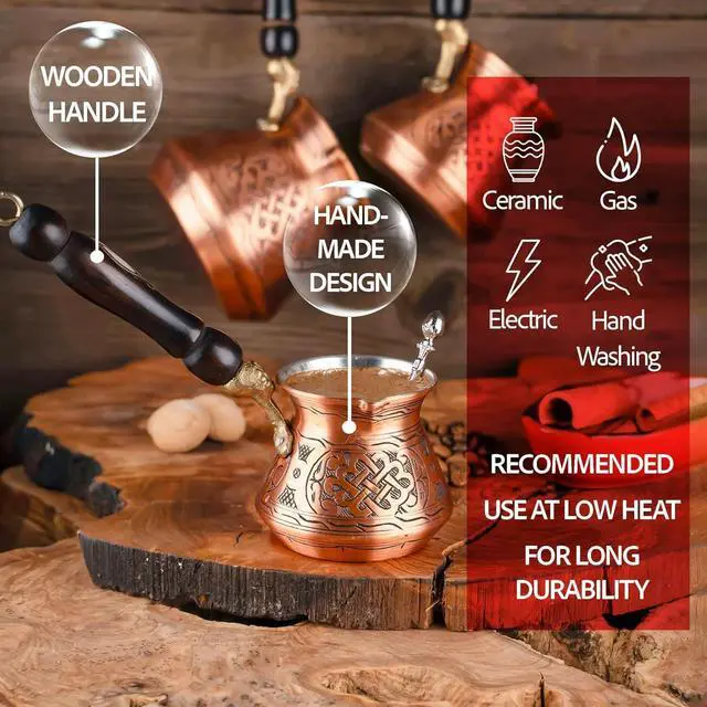 Alt view image 4 of 6 - 12 Oz Copper Turkish Greek Arabic Coffee Pot with Copper Handle - Cezve Ibrik Briki Stovetop Coffee Maker (Includes Copper Spoon) (4 servings)