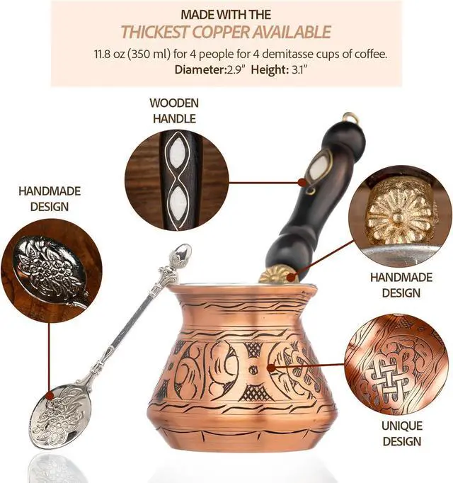 Alt view image 3 of 6 - 12 Oz Copper Turkish Greek Arabic Coffee Pot with Copper Handle - Cezve Ibrik Briki Stovetop Coffee Maker (Includes Copper Spoon) (4 servings)