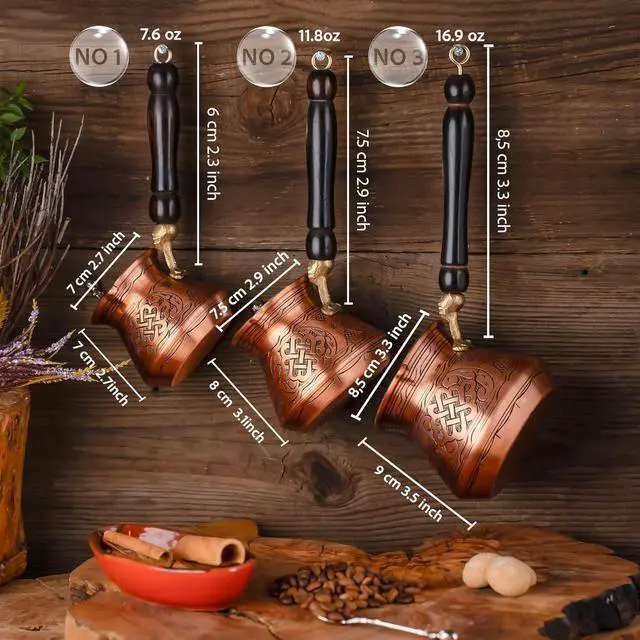 Alt view image 5 of 6 - 12 Oz Copper Turkish Greek Arabic Coffee Pot with Copper Handle - Cezve Ibrik Briki Stovetop Coffee Maker (Includes Copper Spoon) (4 servings)