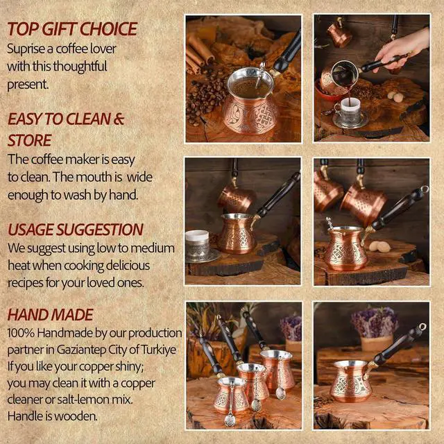 Alt view image 6 of 6 - 12 Oz Copper Turkish Greek Arabic Coffee Pot with Copper Handle - Cezve Ibrik Briki Stovetop Coffee Maker (Includes Copper Spoon) (4 servings)