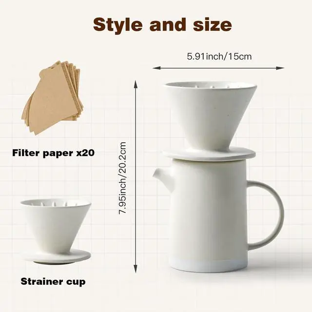 Alt view image 2 of 6 - Pour Over Coffee Maker Set Vintage Ceramic Pour Over V60 Coffee Dripper Set with 20 Count Paper Coffee Filters,for Home Café Restaurant Camping,15.8 Ounces(White)