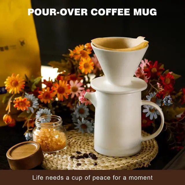Alt view image 3 of 6 - Pour Over Coffee Maker Set Vintage Ceramic Pour Over V60 Coffee Dripper Set with 20 Count Paper Coffee Filters,for Home Café Restaurant Camping,15.8 Ounces(White)