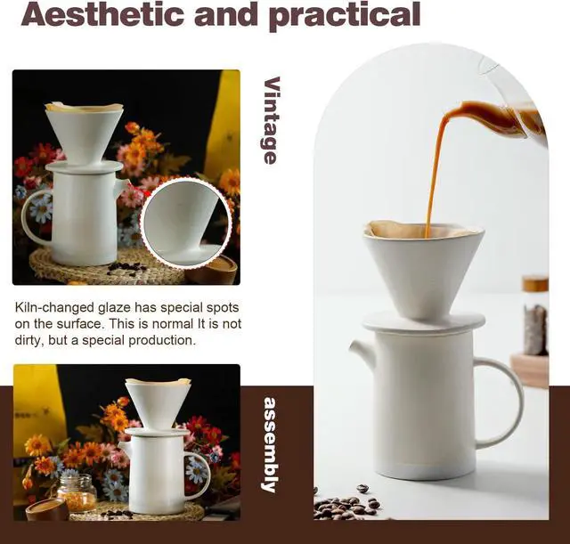 Alt view image 4 of 6 - Pour Over Coffee Maker Set Vintage Ceramic Pour Over V60 Coffee Dripper Set with 20 Count Paper Coffee Filters,for Home Café Restaurant Camping,15.8 Ounces(White)