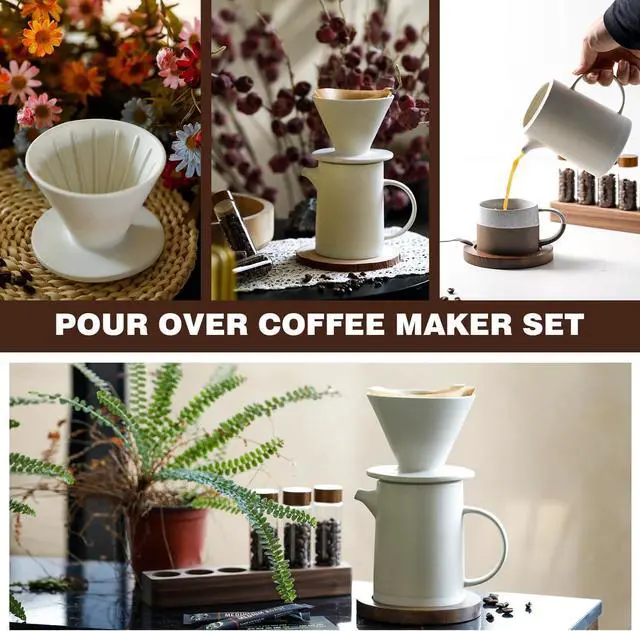 Alt view image 6 of 6 - Pour Over Coffee Maker Set Vintage Ceramic Pour Over V60 Coffee Dripper Set with 20 Count Paper Coffee Filters,for Home Café Restaurant Camping,15.8 Ounces(White)