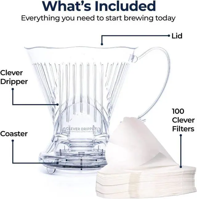 Alt view image 2 of 7 - Clever Coffee Dripper and Filters, Large 18 oz, Original Classic Design, Safe BPA Free Plastic, dripper coffee maker, drip coffee maker pour over, 100 filters, coaster and lid, 18 oz (Clear)