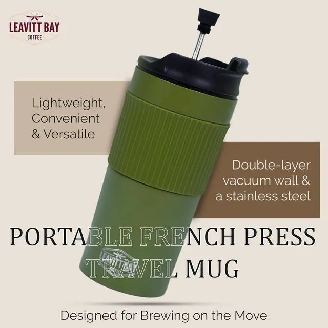 Alt view image 2 of 7 - Portable French Press Travel Mug  Insulated Stainless Steel French Press Mug for Hot or Cold Brew  Durable Travel Coffee Maker  On-the-Go Tea & Coffee Maker (Army Green)