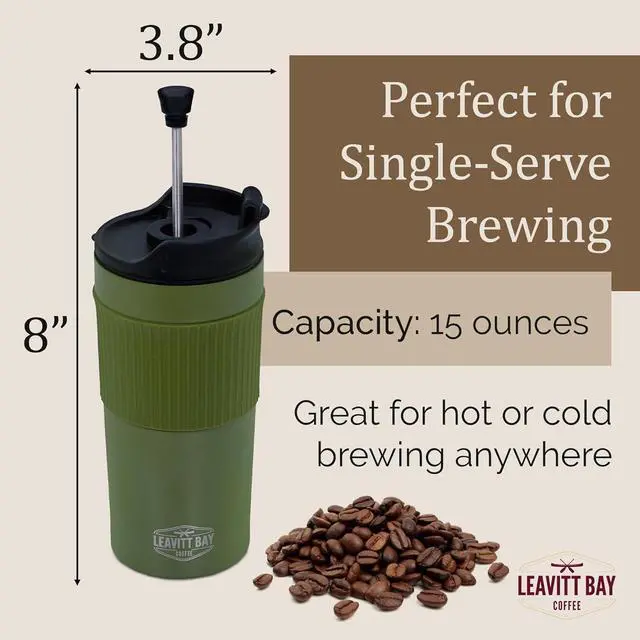 Alt view image 3 of 7 - Portable French Press Travel Mug  Insulated Stainless Steel French Press Mug for Hot or Cold Brew  Durable Travel Coffee Maker  On-the-Go Tea & Coffee Maker (Army Green)