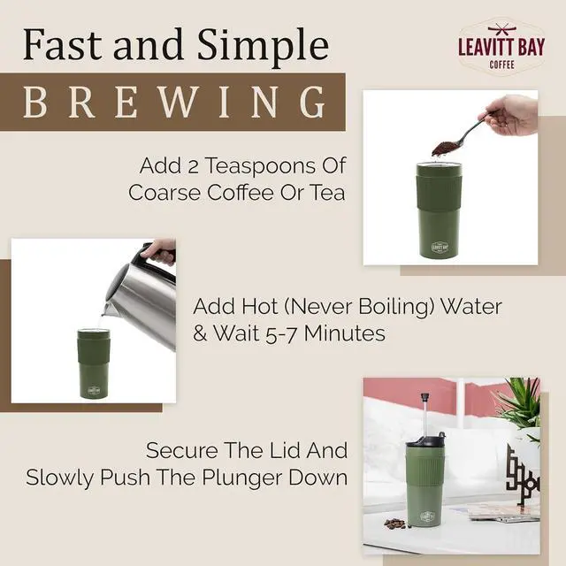 Alt view image 4 of 7 - Portable French Press Travel Mug  Insulated Stainless Steel French Press Mug for Hot or Cold Brew  Durable Travel Coffee Maker  On-the-Go Tea & Coffee Maker (Army Green)