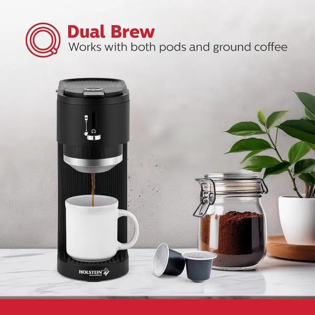 Alt view image 2 of 7 - Holstein Housewares Single Serve Coffee Maker, 2 in 1 Coffee Machine, Dual Brew, K-Cup & Ground Coffee Compatible, Reusable Filter, Fits Different Cup Sizes, One Touch Operation