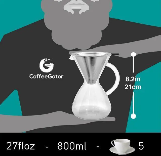 Alt view image 2 of 7 - Coffee Gator Pour Over Coffee Maker - 27oz High Heat Borosilicate Glass with Reusable Stainless Steel Filter, Drip Coffee Brewer Dripper Set Carafe, 800ml Clear