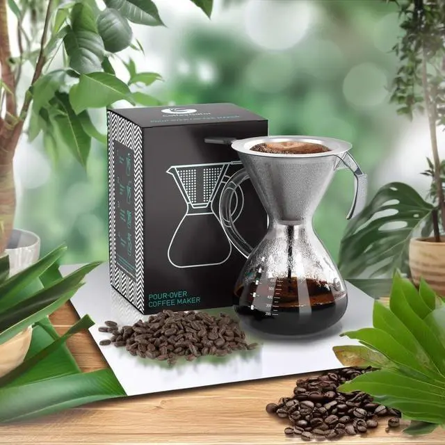 Alt view image 5 of 7 - Coffee Gator Pour Over Coffee Maker - 27oz High Heat Borosilicate Glass with Reusable Stainless Steel Filter, Drip Coffee Brewer Dripper Set Carafe, 800ml Clear