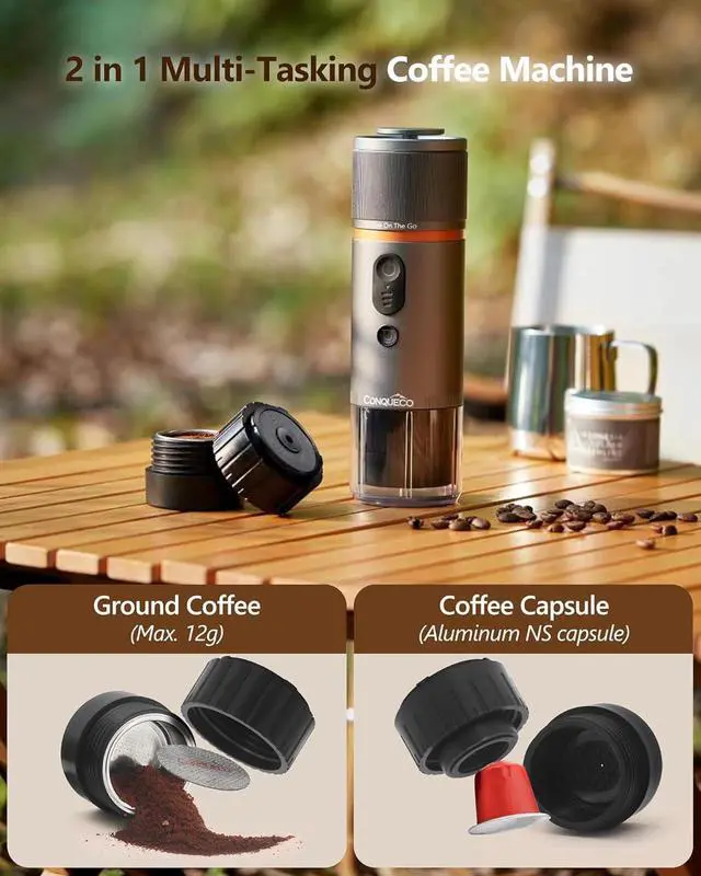 Alt view image 5 of 7 - CONQUECO Portable Espresso Machine Travel: 12v Car Coffee Maker with Battery for Camping - Small Electric - 2.5 Mins Heating - Set With Ground Coffee & NS Capsule & Handbag for RV, Hiking, Office