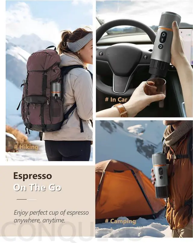 Alt view image 6 of 7 - CONQUECO Portable Espresso Machine Travel: 12v Car Coffee Maker with Battery for Camping - Small Electric - 2.5 Mins Heating - Set With Ground Coffee & NS Capsule & Handbag for RV, Hiking, Office