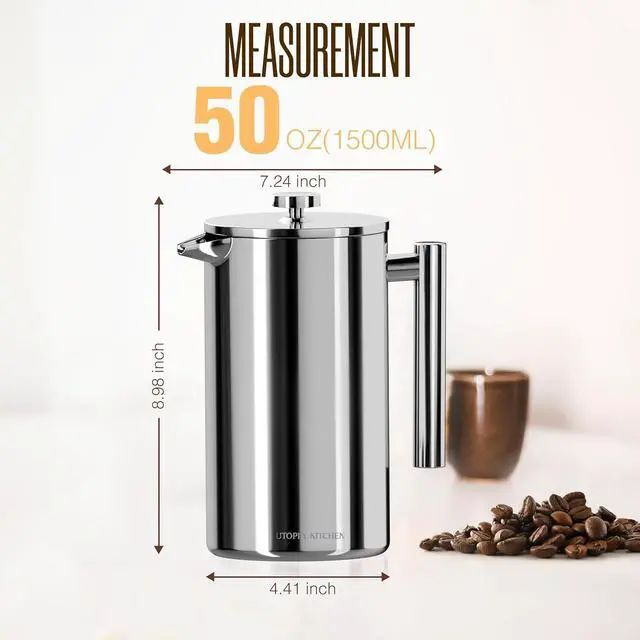 Alt view image 3 of 4 - Utopia Kitchen Stainless Steel French Press Coffee Maker 50 Oz, French Press Tea Maker, Cold Brew Portable Travel Coffee Presses, Tea Press Gifts Silver