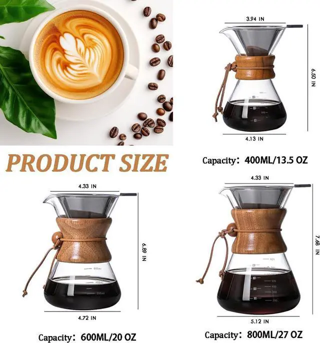 Alt view image 3 of 7 - Pour Over Coffee Maker with Reusable Stainless Steel Drip Filter, Lead-Free Borosilicate Glass Coffee Carafe with Modern Wooden Collar for 1-6Cup, Circular Clear (800ml/27oz)