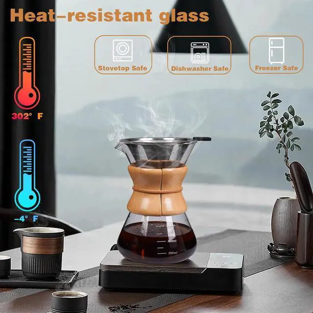 Alt view image 4 of 7 - Pour Over Coffee Maker with Reusable Stainless Steel Drip Filter, Lead-Free Borosilicate Glass Coffee Carafe with Modern Wooden Collar for 1-6Cup, Circular Clear (800ml/27oz)