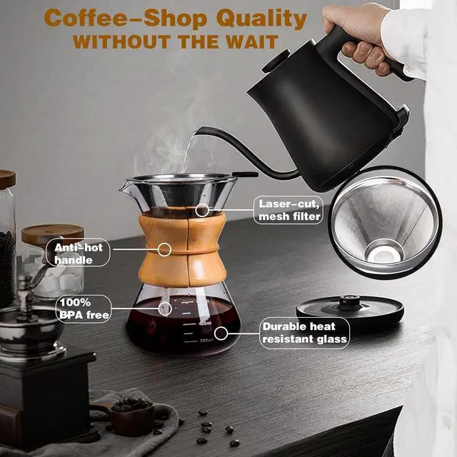 Alt view image 6 of 7 - Pour Over Coffee Maker with Reusable Stainless Steel Drip Filter, Lead-Free Borosilicate Glass Coffee Carafe with Modern Wooden Collar for 1-6Cup, Circular Clear (800ml/27oz)
