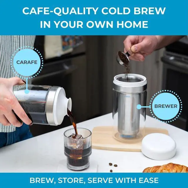 Alt view image 2 of 7 - Cold Brew Coffee Maker Set (Brewer & Carafe), Up to 12 Servings of Concentrate, Reusable Stainless Steel Dual Filter, Durable Borosilicate Glass & Spill-Proof Pouring Spout, 16.9 fl oz / 500ml