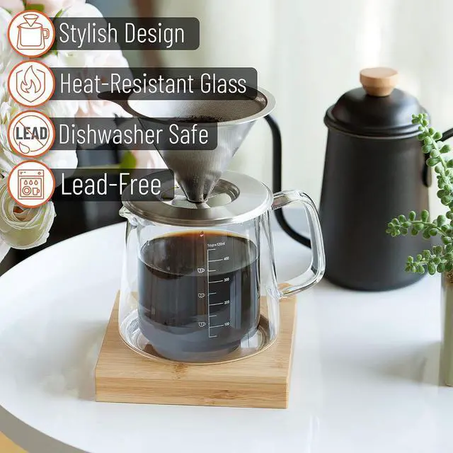 Alt view image 3 of 7 - Brew To A Tea BTaT - Pour Over Coffee Maker Set, Double Wall Glass, 16 oz, Permanent Filter, Coffee Pour Over, Manual Dripper