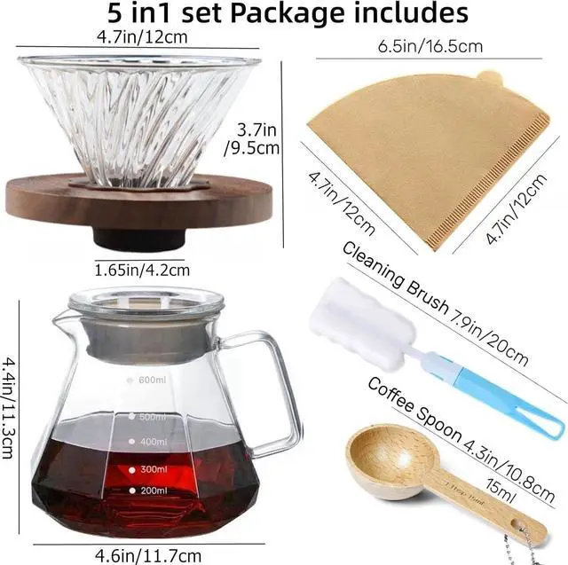 Alt view image 3 of 7 - Pour Over Coffee Maker Set 20 oz, 600 ml Borosilicate Glass Coffee Server with Glass Lid, 50 pcs Paper Filter, Walnut Handle Pour Over Coffee Dripper for Home Café Restaurant, Clear
