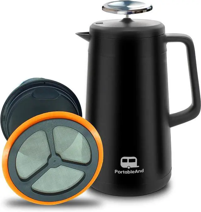 Main image of PortableAnd 34oz Double Vacuum Insulation Large Silicone French Press Coffee Maker with Silicone Ring, Stainless Steel, Perfect for Camping, Travel, and At-Home Use (Matte Black)