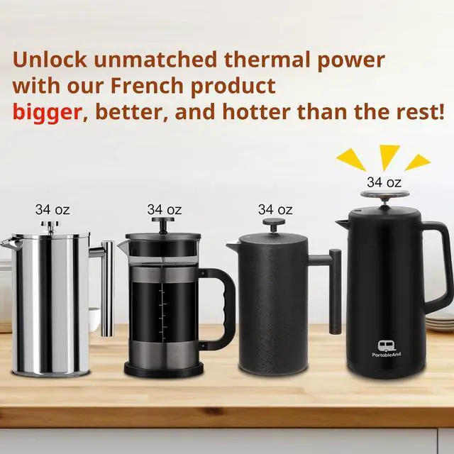 Alt view image 3 of 7 - PortableAnd 34oz Double Vacuum Insulation Large Silicone French Press Coffee Maker with Silicone Ring, Stainless Steel, Perfect for Camping, Travel, and At-Home Use (Matte Black)