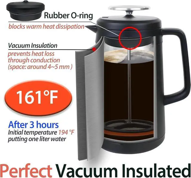 Alt view image 6 of 7 - PortableAnd 34oz Double Vacuum Insulation Large Silicone French Press Coffee Maker with Silicone Ring, Stainless Steel, Perfect for Camping, Travel, and At-Home Use (Matte Black)