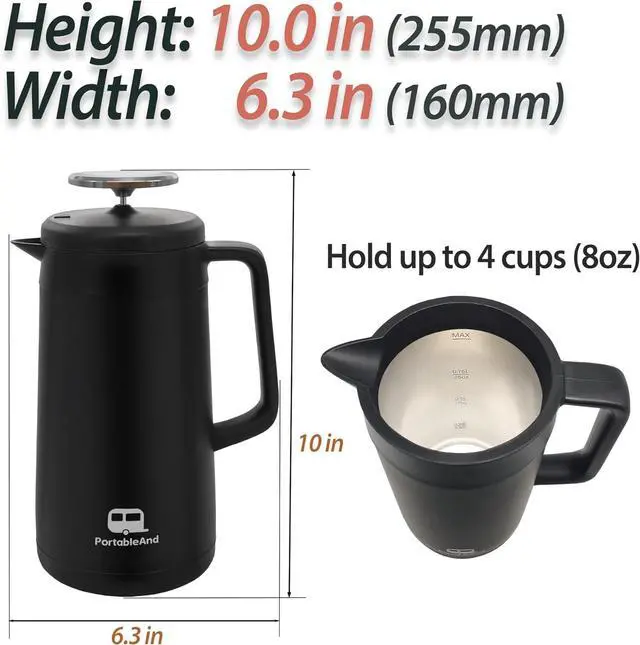 Alt view image 7 of 7 - PortableAnd 34oz Double Vacuum Insulation Large Silicone French Press Coffee Maker with Silicone Ring, Stainless Steel, Perfect for Camping, Travel, and At-Home Use (Matte Black)