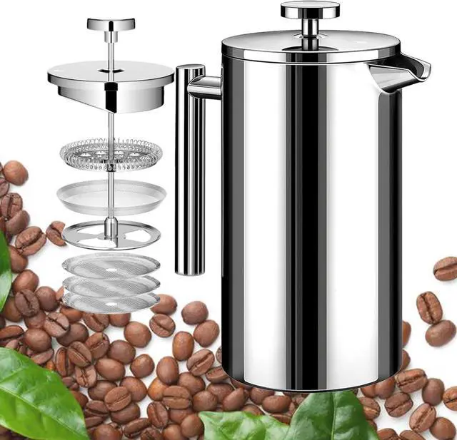 Main image of French Press Coffee Maker 34oz, Stainless Steel Double Wall Insulated, 3 Extra Filters & Coffee Spoon for Hot/Cold Brew, Durable Coffee Press for Home, Camping, Office - Silver