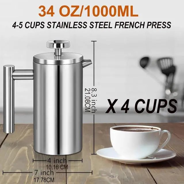 Alt view image 3 of 7 - French Press Coffee Maker 34oz, Stainless Steel Double Wall Insulated, 3 Extra Filters & Coffee Spoon for Hot/Cold Brew, Durable Coffee Press for Home, Camping, Office - Silver