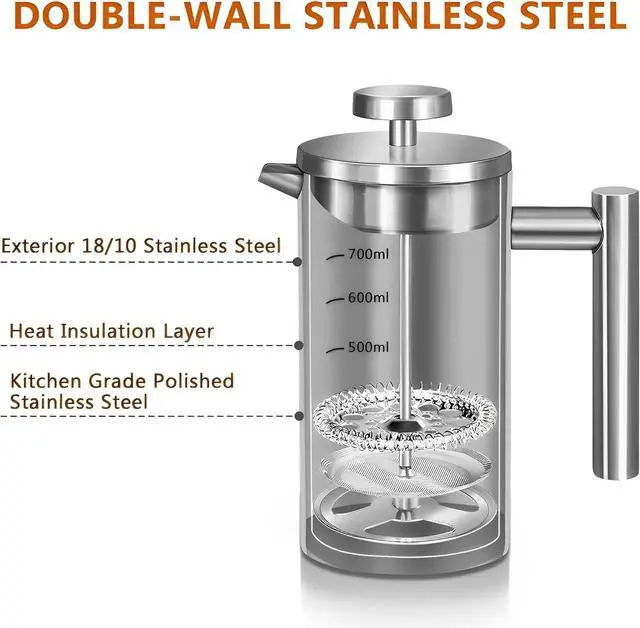 Alt view image 4 of 7 - French Press Coffee Maker 34oz, Stainless Steel Double Wall Insulated, 3 Extra Filters & Coffee Spoon for Hot/Cold Brew, Durable Coffee Press for Home, Camping, Office - Silver