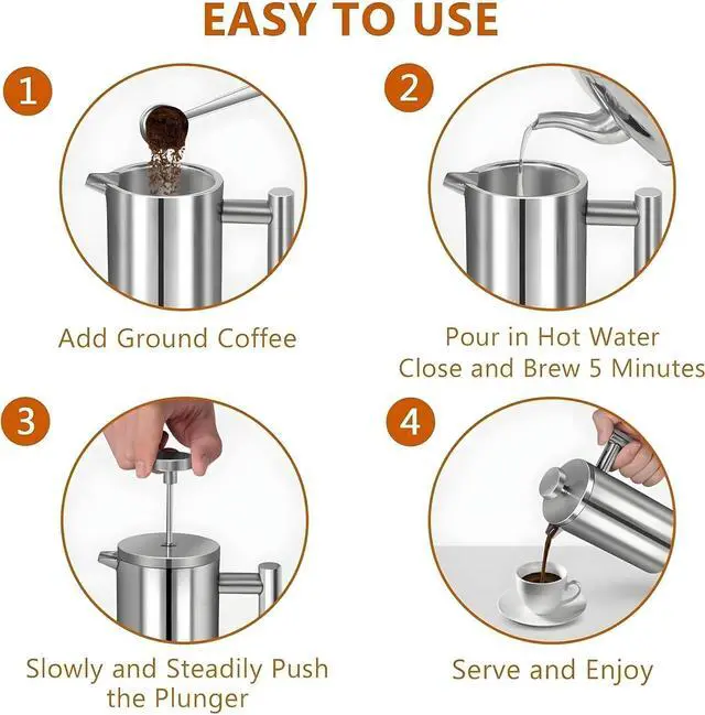 Alt view image 6 of 7 - French Press Coffee Maker 34oz, Stainless Steel Double Wall Insulated, 3 Extra Filters & Coffee Spoon for Hot/Cold Brew, Durable Coffee Press for Home, Camping, Office - Silver
