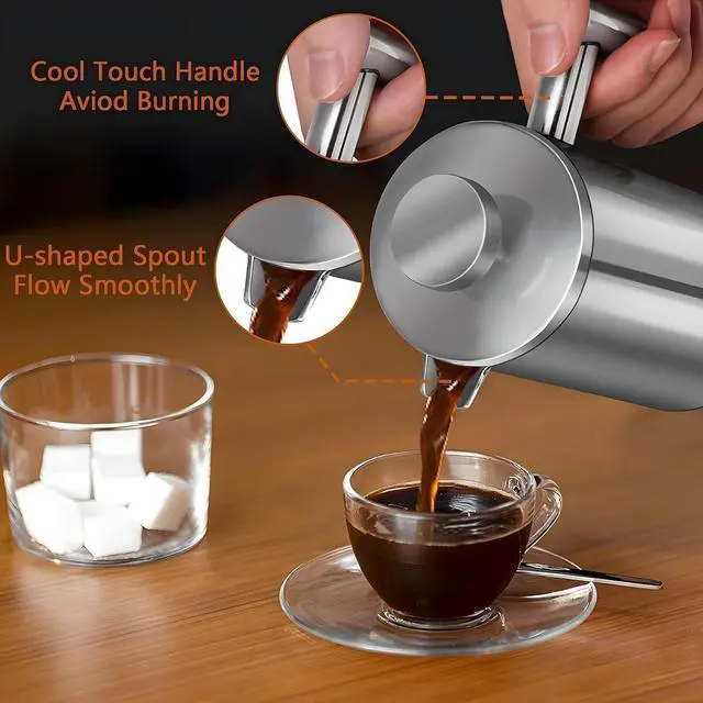 Alt view image 7 of 7 - French Press Coffee Maker 34oz, Stainless Steel Double Wall Insulated, 3 Extra Filters & Coffee Spoon for Hot/Cold Brew, Durable Coffee Press for Home, Camping, Office - Silver