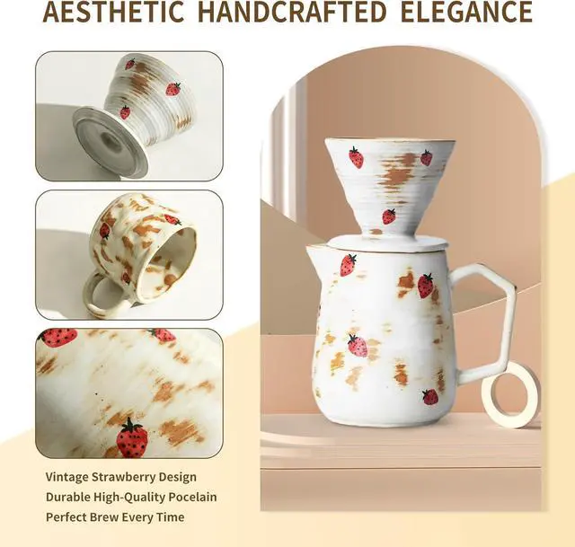 Alt view image 2 of 7 - Handcrafted Pour Over Coffee Maker Set with Coffee Cup with Strawberry Pattern 20 Count Paper Filter V60 Drip Coffee Maker 20 oz Coffee Dripper (Strawberry)