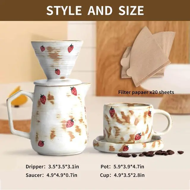 Alt view image 3 of 7 - Handcrafted Pour Over Coffee Maker Set with Coffee Cup with Strawberry Pattern 20 Count Paper Filter V60 Drip Coffee Maker 20 oz Coffee Dripper (Strawberry)