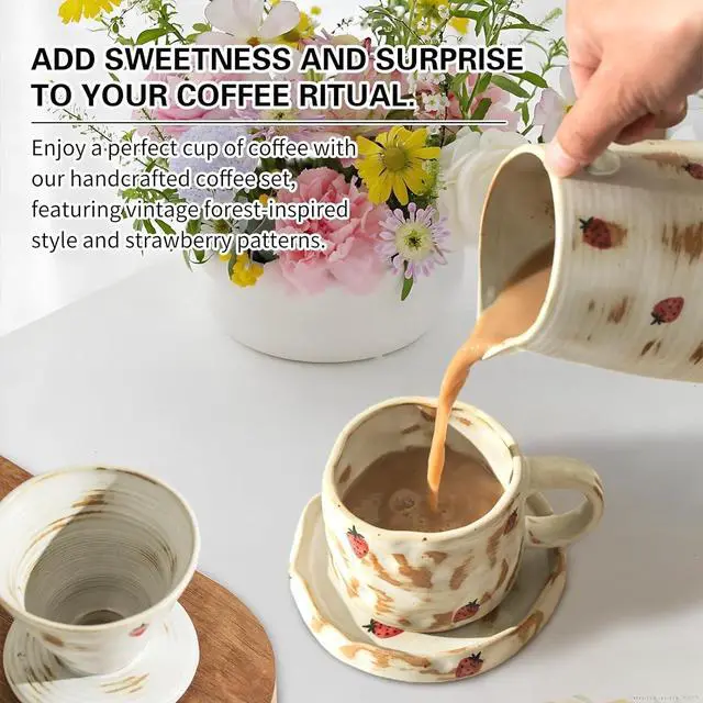 Alt view image 4 of 7 - Handcrafted Pour Over Coffee Maker Set with Coffee Cup with Strawberry Pattern 20 Count Paper Filter V60 Drip Coffee Maker 20 oz Coffee Dripper (Strawberry)