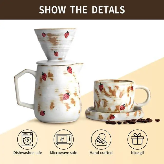 Alt view image 6 of 7 - Handcrafted Pour Over Coffee Maker Set with Coffee Cup with Strawberry Pattern 20 Count Paper Filter V60 Drip Coffee Maker 20 oz Coffee Dripper (Strawberry)