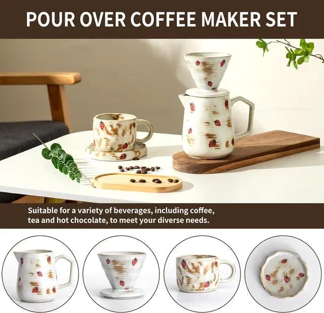 Alt view image 7 of 7 - Handcrafted Pour Over Coffee Maker Set with Coffee Cup with Strawberry Pattern 20 Count Paper Filter V60 Drip Coffee Maker 20 oz Coffee Dripper (Strawberry)