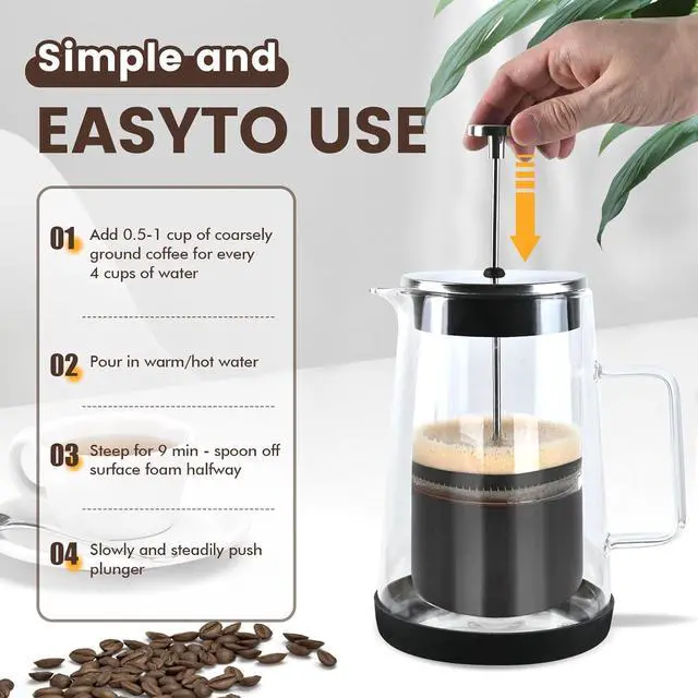 Alt view image 2 of 7 - The jze Glass French Press, easy to clean glass press coffee maker, 34oz/1000ml coffee press glass, borosilicate French press, suitable for home, kitchen, office.