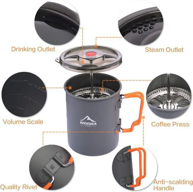 Alt view image 3 of 7 - widesea Camping Coffee Pot 750ML, French Press Coffee Maker,Lightweight Backpacking Pot with Collapsible Handle For Camping,Hiking,Fire Cooking