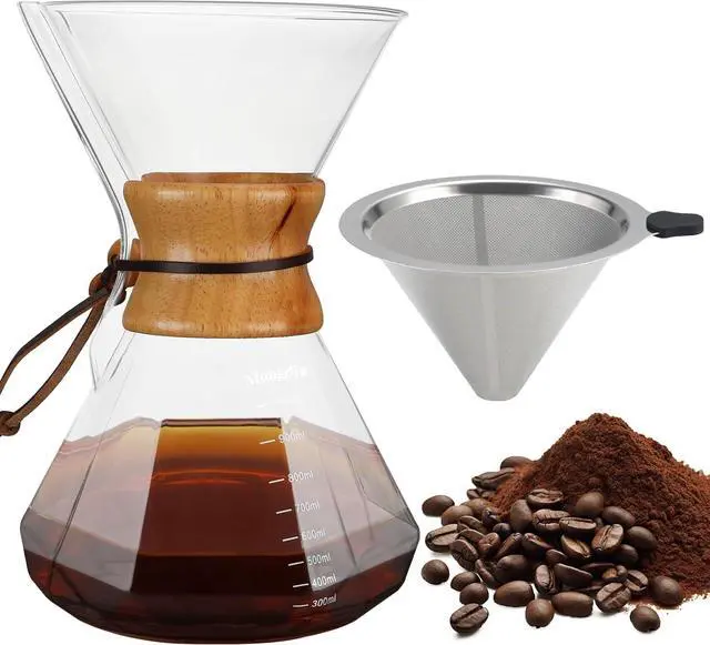 Main image of Mongdio 34oz/1000ml Pour Over Coffee Maker with Reusable Stainless Steel Filter and Wooden Collar Holder, 6-8 Cups Borosilicate Glass Coffee Maker for Camping Home, Clear
