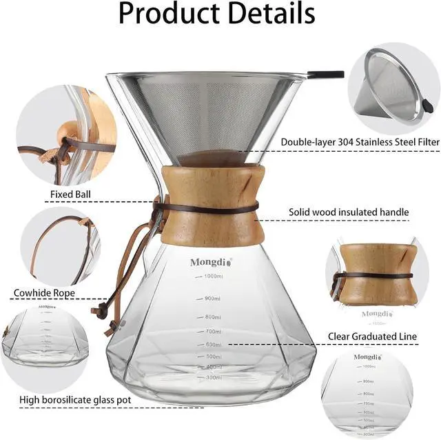 Alt view image 2 of 7 - Mongdio 34oz/1000ml Pour Over Coffee Maker with Reusable Stainless Steel Filter and Wooden Collar Holder, 6-8 Cups Borosilicate Glass Coffee Maker for Camping Home, Clear