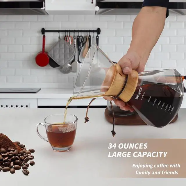 Alt view image 3 of 7 - Mongdio 34oz/1000ml Pour Over Coffee Maker with Reusable Stainless Steel Filter and Wooden Collar Holder, 6-8 Cups Borosilicate Glass Coffee Maker for Camping Home, Clear
