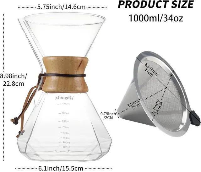 Alt view image 5 of 7 - Mongdio 34oz/1000ml Pour Over Coffee Maker with Reusable Stainless Steel Filter and Wooden Collar Holder, 6-8 Cups Borosilicate Glass Coffee Maker for Camping Home, Clear