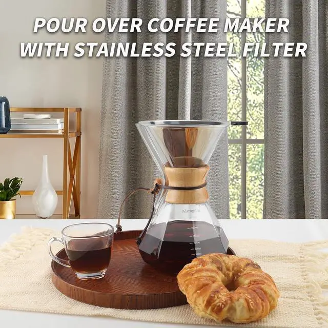 Alt view image 7 of 7 - Mongdio 34oz/1000ml Pour Over Coffee Maker with Reusable Stainless Steel Filter and Wooden Collar Holder, 6-8 Cups Borosilicate Glass Coffee Maker for Camping Home, Clear