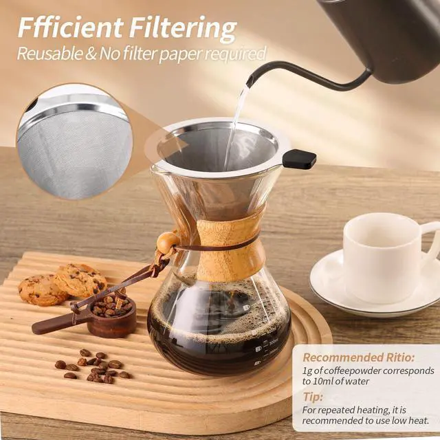 Alt view image 3 of 7 - Pour Over Coffee Maker 20 OZ, 6 Cup Borosilicate Glass Drip Coffee Maker with Reusable Stainless Steel Filter and Cork Grip for Home Café 600 ML