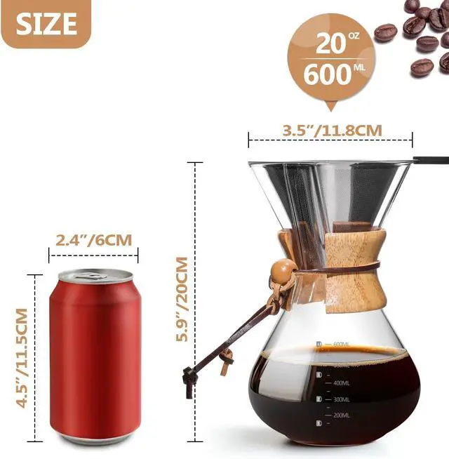 Alt view image 4 of 7 - Pour Over Coffee Maker 20 OZ, 6 Cup Borosilicate Glass Drip Coffee Maker with Reusable Stainless Steel Filter and Cork Grip for Home Café 600 ML