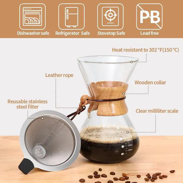 Alt view image 5 of 7 - Pour Over Coffee Maker 20 OZ, 6 Cup Borosilicate Glass Drip Coffee Maker with Reusable Stainless Steel Filter and Cork Grip for Home Café 600 ML